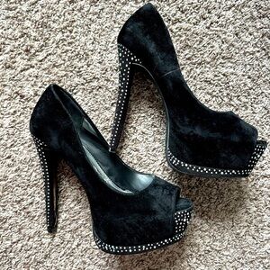 Speed Limit 98 Black STILETTOS w/RHINESTONES, Peep Toe, Size 7.5, Good Condition